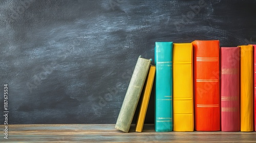 Colorful stack of books on wooden table in classroom with blackboard background - education and reading concept photo