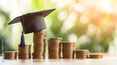 Education costs comparison by school level and university with graduation cap on coins, scholarship and loan concepts photo
