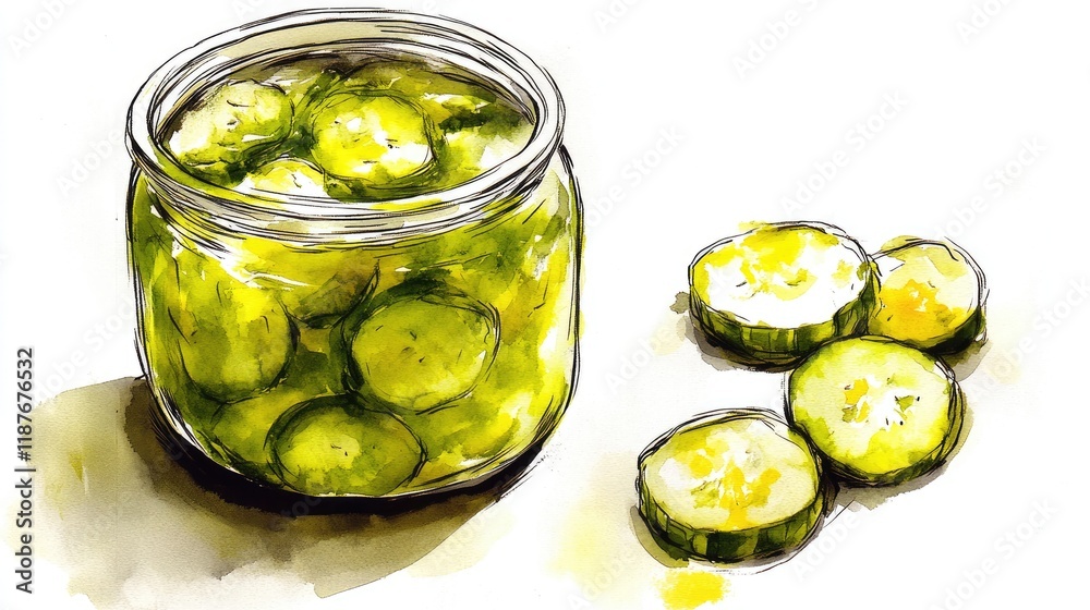 A glass jar filled with pickled cucumbers and several sliced pickles beside it, watercolor style illustration. A glass jar filled with pickled cucumbers and several sliced pickles beside it, watercolor style illustration.