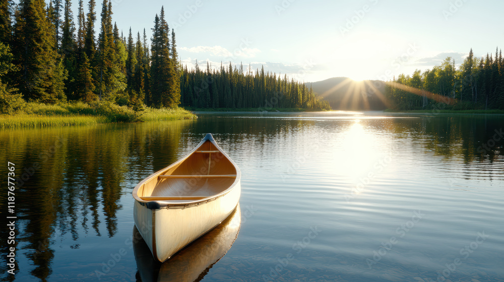 tranquil lake view with canoe surrounded by lush trees and sunlight tranquil lake view with canoe surrounded by lush trees and sunlight