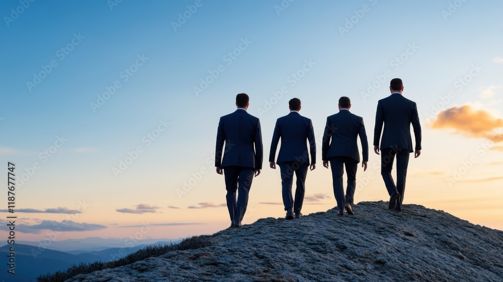 Group of Businessmen in Suits Walking Toward Sunset Overlooking Mountains in a Serene Landscape Group of Businessmen in Suits Walking Toward Sunset Overlooking Mountains in a Serene Landscape