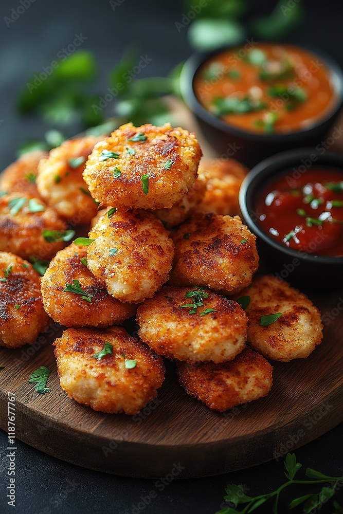 Breaded chicken strips or nuggets with two kinds of sauces and fried potatoes on a wooden Board. Fast food on dark brown background. with copy space Breaded chicken strips or nuggets with two kinds of sauces and fried potatoes on a wooden Board. Fast food on dark brown background. with copy space