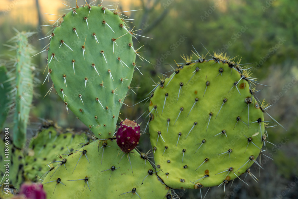 Bright Pink Tuna Nestled Into The Greens Of Prickly Pear Cactus Bright Pink Tuna Nestled Into The Greens Of Prickly Pear Cactus