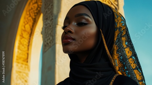 Elegant african female in black and gold hijab posing outdoors photo