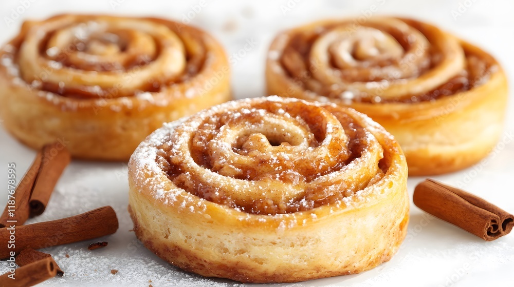 Fototapeta premium Three Cinnamon Rolls with Cinnamon Sticks and Powdered Sugar