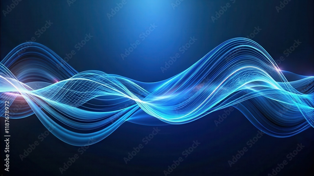 Obraz premium Animated wave forms moving in sync with a rhythmic pattern, set against a dark blue background, creating an immersive and mesmerizing effect, motion graphics , dynamic movement