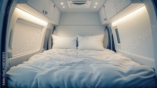 Modern camper van interior with comfortable bed, pillows, and overhead lighting.