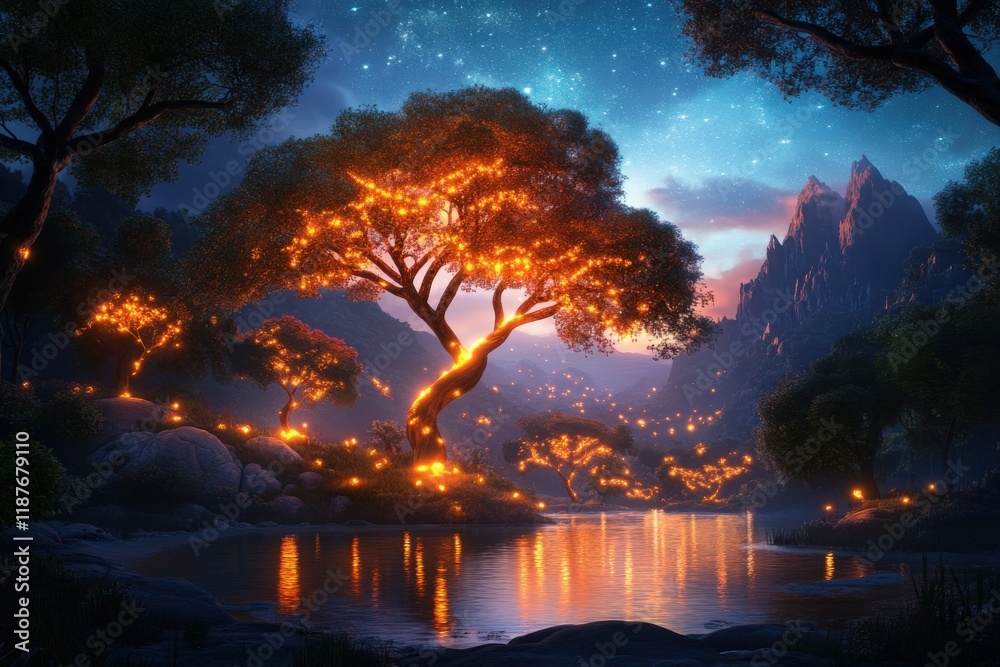 Naklejka premium Magical night landscape with glowing trees by a tranquil river under a starry sky