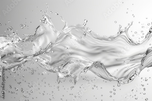 Dynamic splash of clear liquid wave with droplets in motion