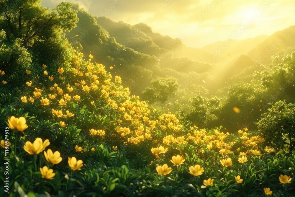 Obraz premium Golden sunset illuminates a hillside blanketed in vibrant yellow wildflowers. Perfect for illustrating nature, tranquility, or springtime themes.