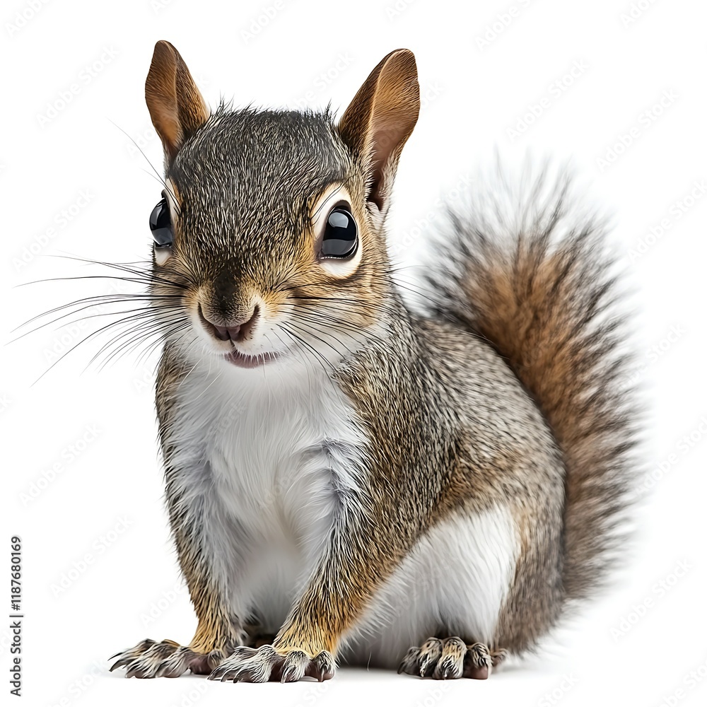 Fototapeta premium Cute squirrel posing, white background, wildlife, nature