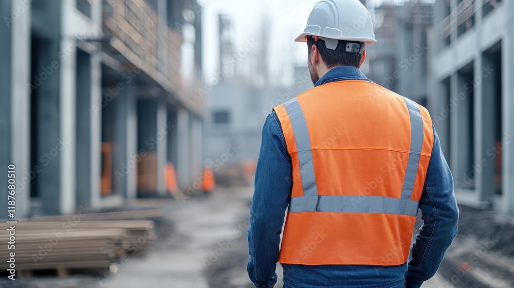 Construction Worker in Safety Gear Observing Building Site Progress with Orange Vest and White Hard Hat Construction Worker in Safety Gear Observing Building Site Progress with Orange Vest and White Hard Hat