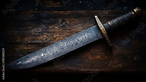 Intricate damascus steel knife on dark wooden surface portrays craftsmanship and elegance photo