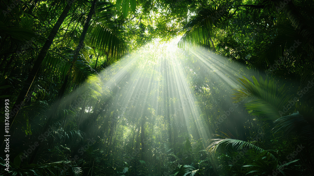 Obraz premium Dense rainforest with sunlight filtering through trees, creating serene atmosphere