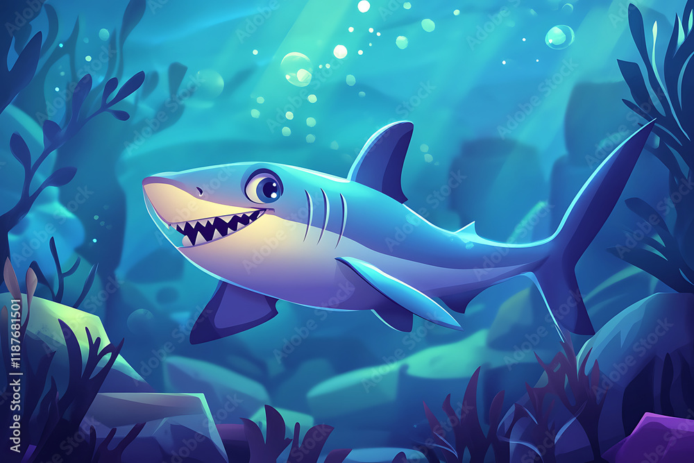 Fototapeta premium A cheerful cartoon shark swimming in a vibrant underwater scene with bubbles and plants.