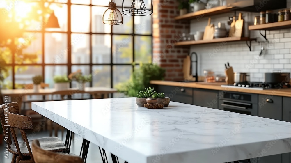 Fototapeta premium A modern kitchen features a marble table, wooden shelves, and large windows, creating a bright and inviting atmosphere with plants and stylish decor.