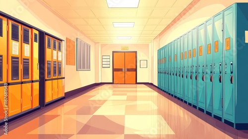 Bright and empty school corridor with lockers and open classroom doorway photo