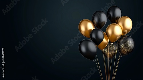 Festive celebration background with gold and black helium balloons for birthday or anniversary greeting poster photo