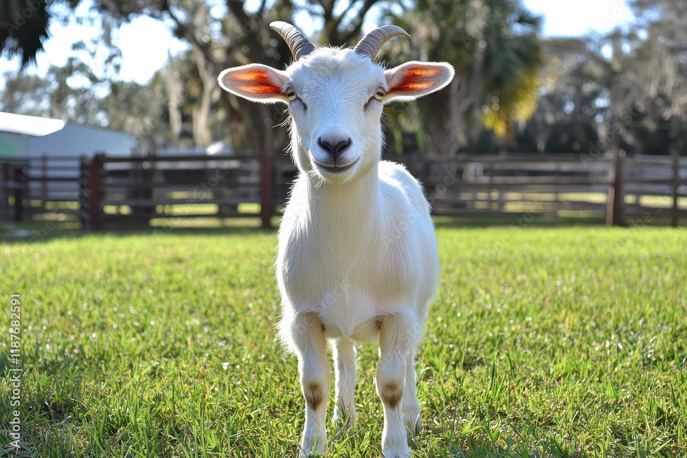 Fototapeta premium Adorable white goat kid stands in a grassy field. Perfect for farm, agriculture, or animal themes.