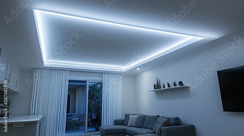 Modern living room with cove lighting. Illuminates the space softly, creating a relaxing ambiance.