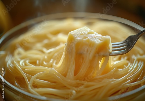 A Close-Up of Creamy Spaghetti with Melting Butter on a Fork Over a Bowl of Steaming Noodles Capturing the Essence of Comfort Food photo