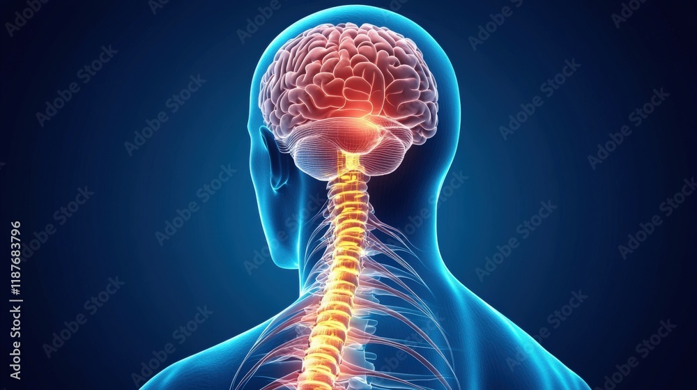 Detailed 3D Visualization of the Human Brain and Spinal Cord, Showcasing the Connection Between Central Nervous System Structures with Vibrant Coloration for Medical Science and Education Detailed 3D Visualization of the Human Brain and Spinal Cord, Showcasing the Connection Between Central Nervous System Structures with Vibrant Coloration for Medical Science and Education