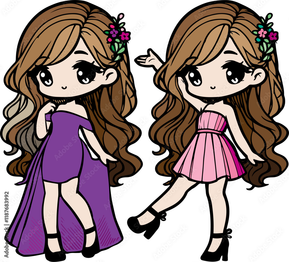 A cute kawaii-style girl with long flowing hair, wearing a long dress. Cartoon comic vector illustration A cute kawaii-style girl with long flowing hair, wearing a long dress. Cartoon comic vector illustration