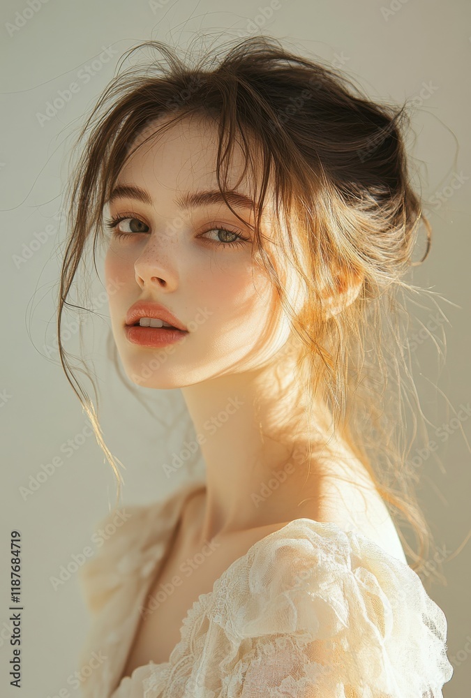 Captivating Portrait of a Young Woman with Soft Features and Natural Makeup in a Light and Airy Setting, Showcasing Inner Radiance and Gentle Beauty Aesthetic Captivating Portrait of a Young Woman with Soft Features and Natural Makeup in a Light and Airy Setting, Showcasing Inner Radiance and Gentle Beauty Aesthetic