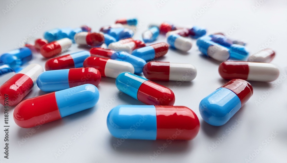 A scattering of red and blue capsules on a white background. A scattering of red and blue capsules on a white background.