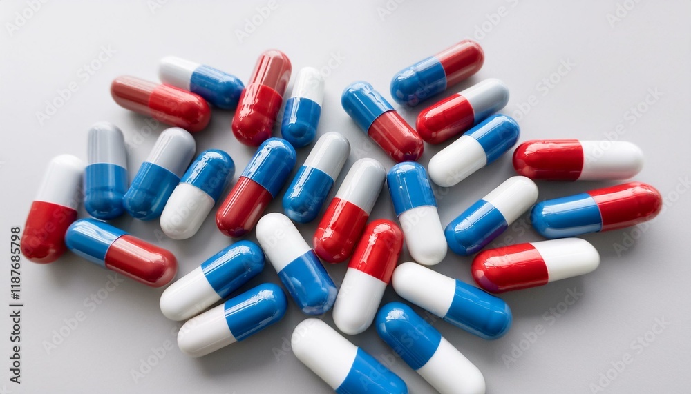 A pile of red, white, and blue capsules. A pile of red, white, and blue capsules.
