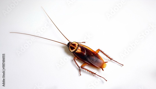 Close-up of a brown cockroach on a white background.