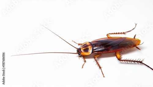 Close-up of a cockroach on a white background.