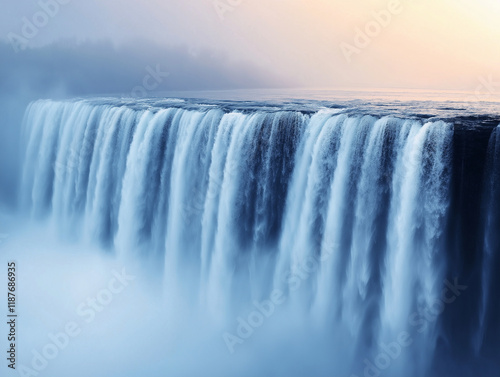 dramatic waterfall cascades down with mist rising, creating serene atmosphere. soft colors of dawn enhance beauty of this natural wonder