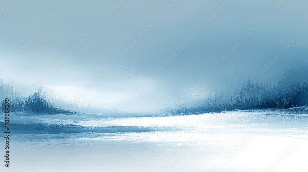 Serene winter landscape with snow-covered fields and misty blue sky Serene winter landscape with snow-covered fields and misty blue sky