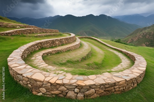 Winding stone path with scenic mountain views ancient terracing site nature photography serene environment elevated perspective photo