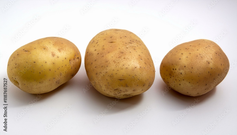 Three potatoes in a row on a white background.