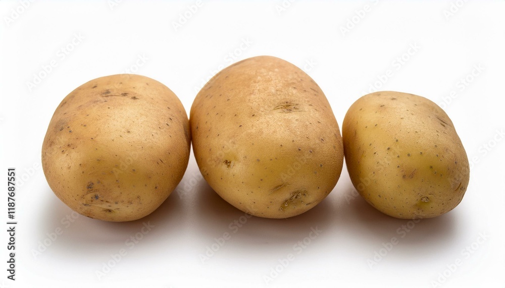 Three potatoes in a row on white background. Three potatoes in a row on white background.