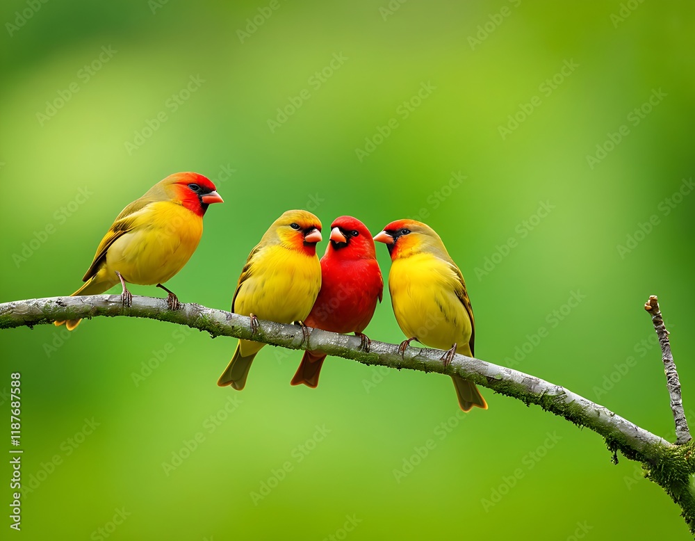 Obraz premium Vibrant yellow and red birds perched on a branch against a soft green background
