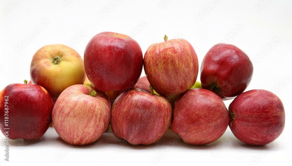 A pile of red and yellow apples on a white background. A pile of red and yellow apples on a white background.