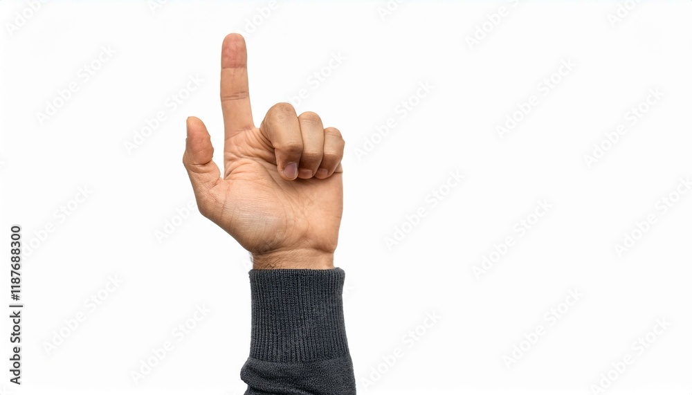 A hand gesture, index finger pointing up, against a white background. A hand gesture, index finger pointing up, against a white background.