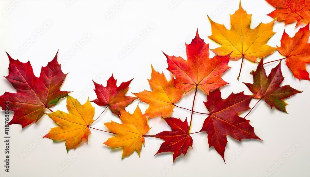 Vibrant autumn leaves in shades of red and orange arranged on a white background. Vibrant autumn leaves in shades of red and orange arranged on a white background.