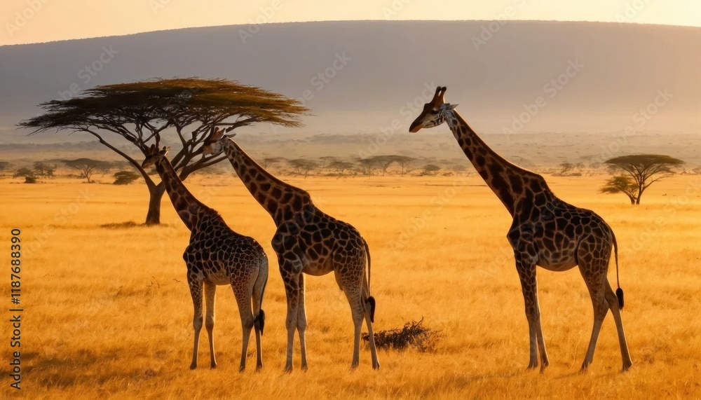 Obraz premium giraffes standing in golden savannah at sunset in africa 
