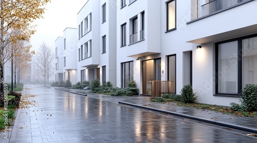 Modern urban street with contemporary white buildings on a rainy day photo