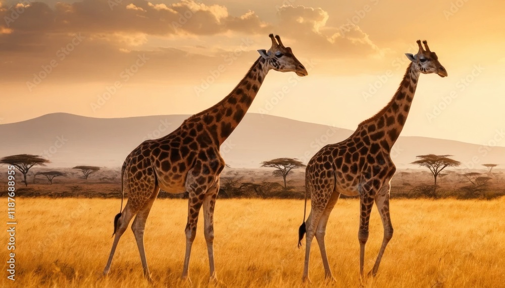 giraffes standing in golden savannah at sunset in africa
