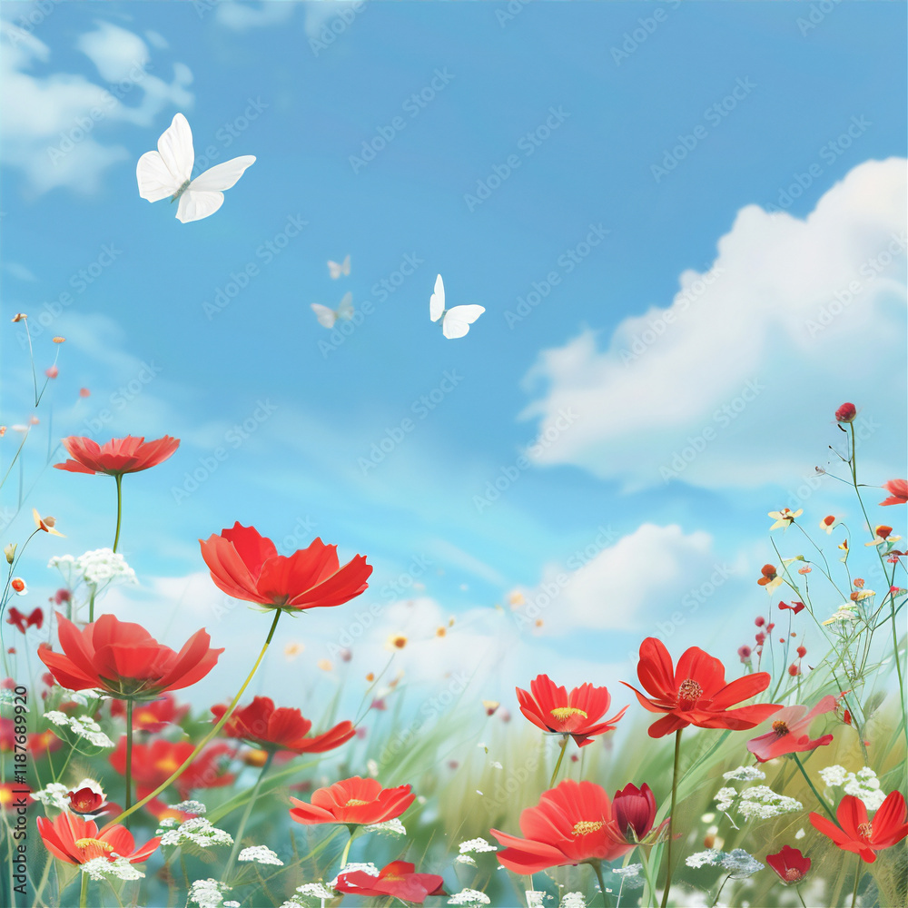 Obraz premium Flowers field against the blue sky, version 48