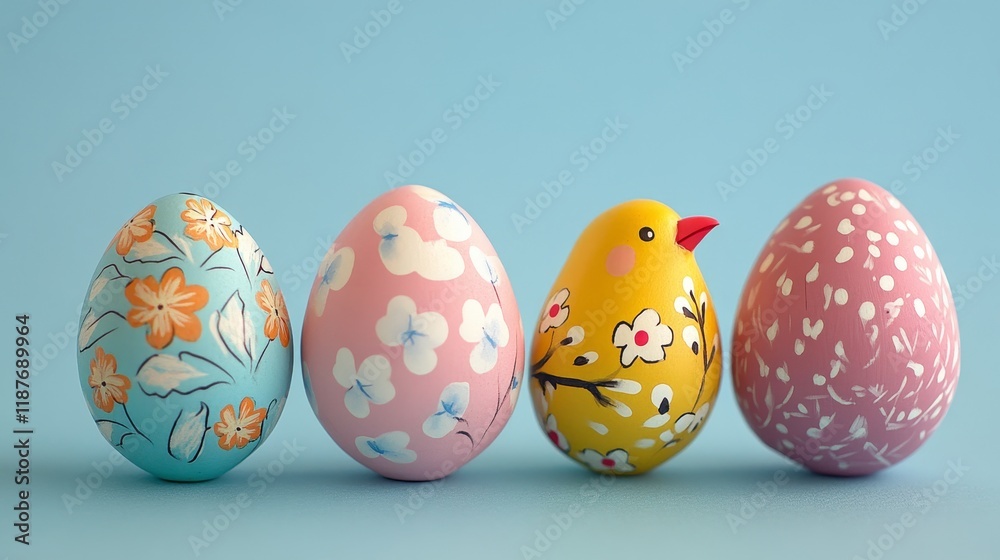 Fototapeta premium Colorful floral and chick easter eggs on a blue background