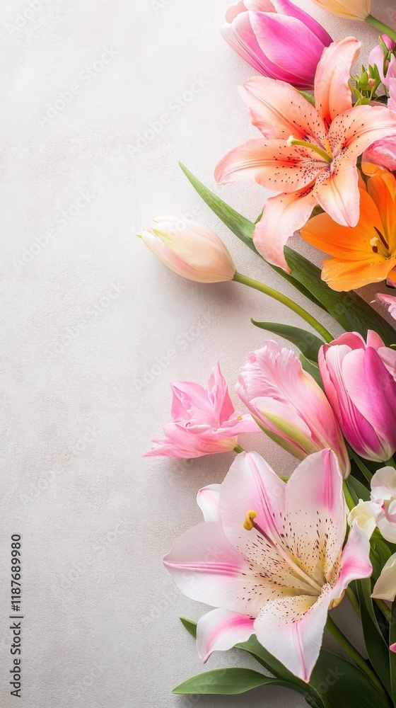 Fototapeta premium Elegant floral arrangement with pastel lilies and tulips on a monochrome background
