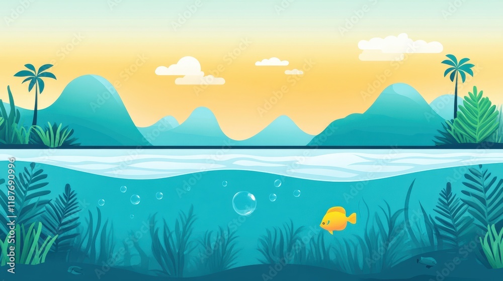 Serene Underwater Scene with Tropical Foliage, Vibrant Fish, Mountains, and Calm Waters at Sunset, Perfect for Nature and Ocean-themed Design Projects Serene Underwater Scene with Tropical Foliage, Vibrant Fish, Mountains, and Calm Waters at Sunset, Perfect for Nature and Ocean-themed Design Projects