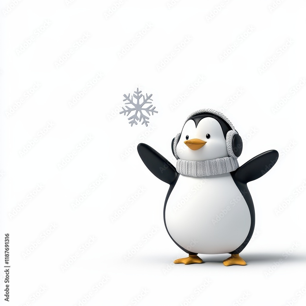 Obraz premium Cute cartoon penguin wearing cozy headphones and a warm scarf, celebrating winter with a snowflake, perfect for seasonal designs and cheerful illustrations.