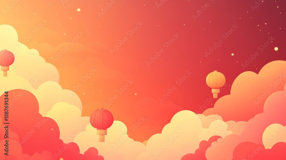 Dreamy sunset sky with floating lanterns and fluffy clouds Dreamy sunset sky with floating lanterns and fluffy clouds
